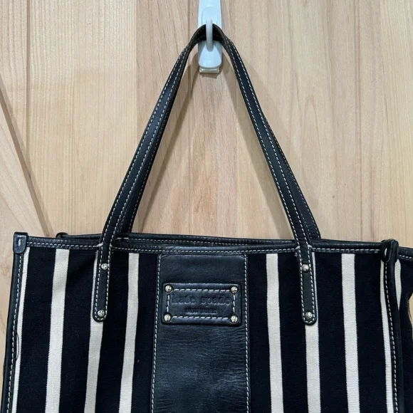 Kate Spade Griffen Tote Black Cream Stripe Cloth Leather Shoulder Bag - Picture 8 of 15